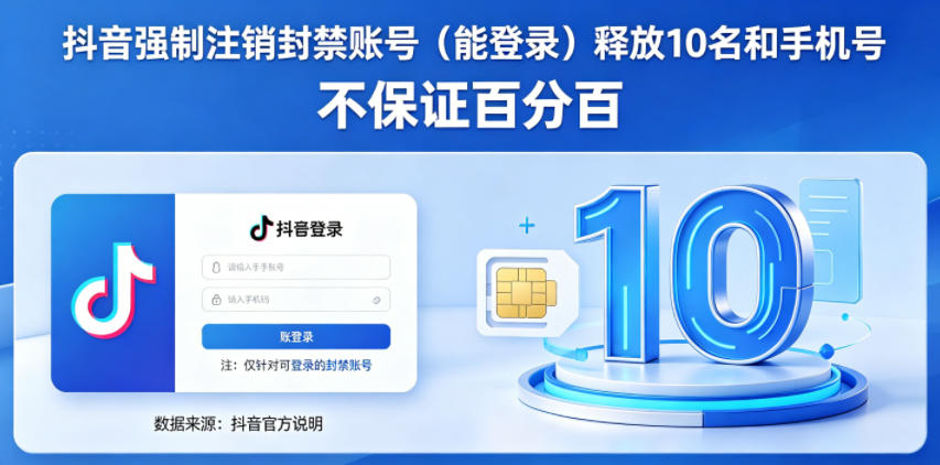 抖音强制注销F禁账号（能登录）释放10名和手机号，不保证百分百-老胡轻创社