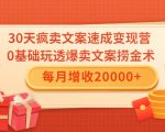 30天疯卖文案速成变现营,0基础玩透爆卖文案捞金术!每月增收20000+-老胡轻创社